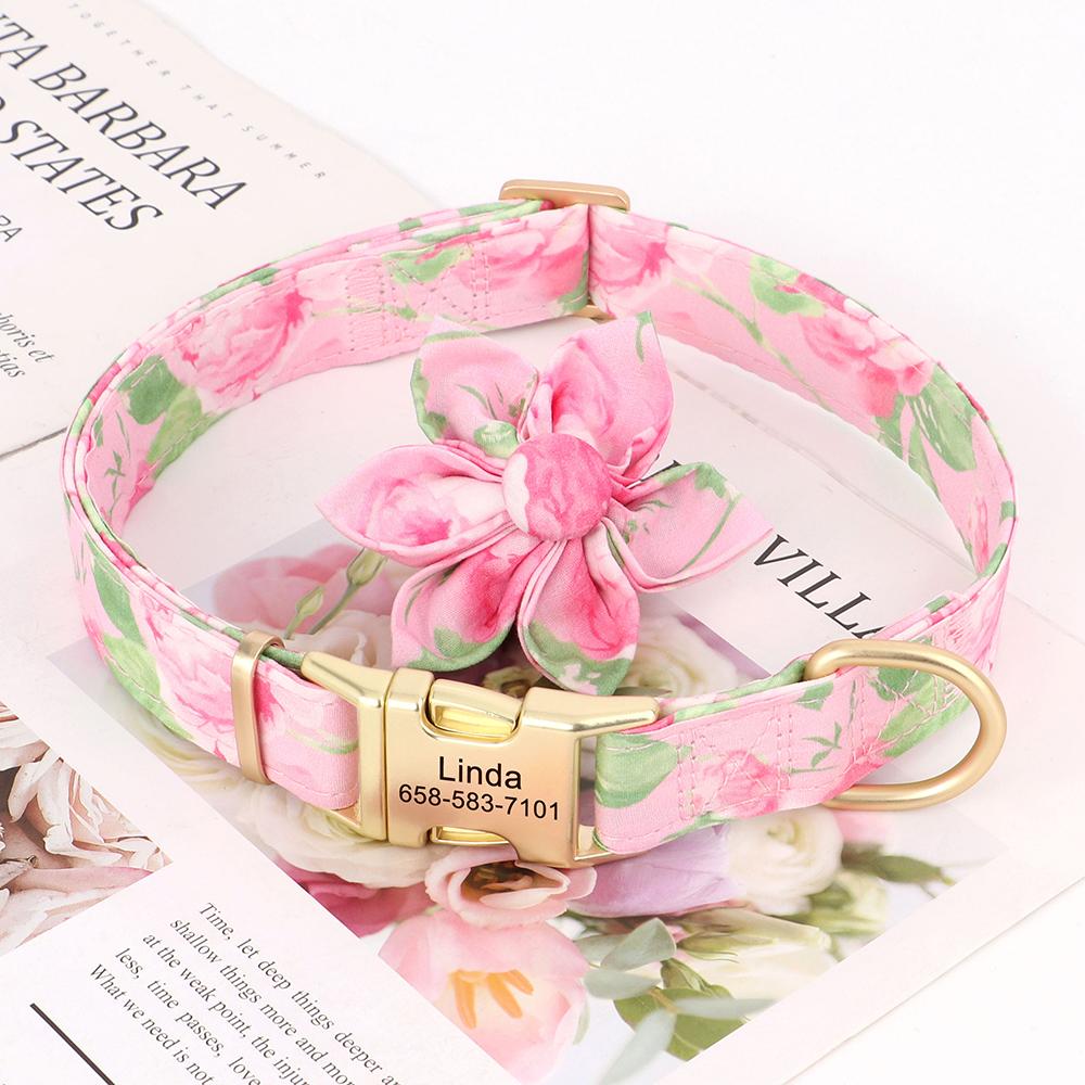 Customized Dog Collar Nylon Print Pet Dog Collars Personalized Pet ID Necklace With Cute Flower For Small Medium Large Dogs Pug