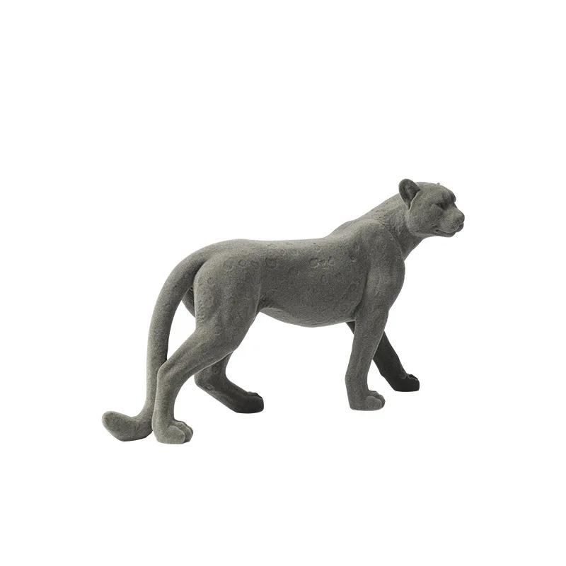 Resin Flocking Leopard Animal Sculpture Cheetah Brown Flocking Leopard Pendant Decorative Figurines Home Decoration Accessories
