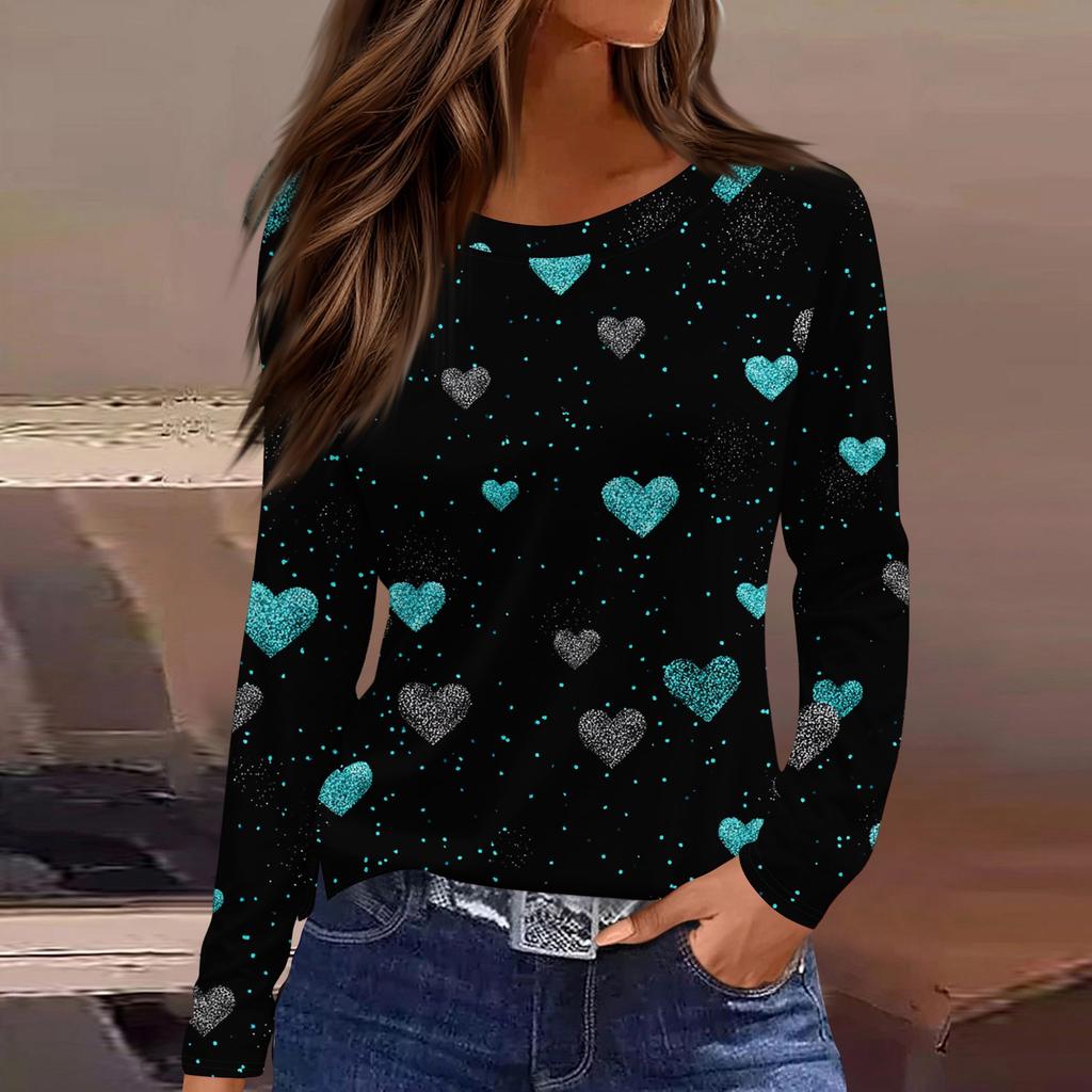 Damen Modisches Langarm-Rundhals-Oberteil mit Schlitzsaum und Valentinstag-Herzprint