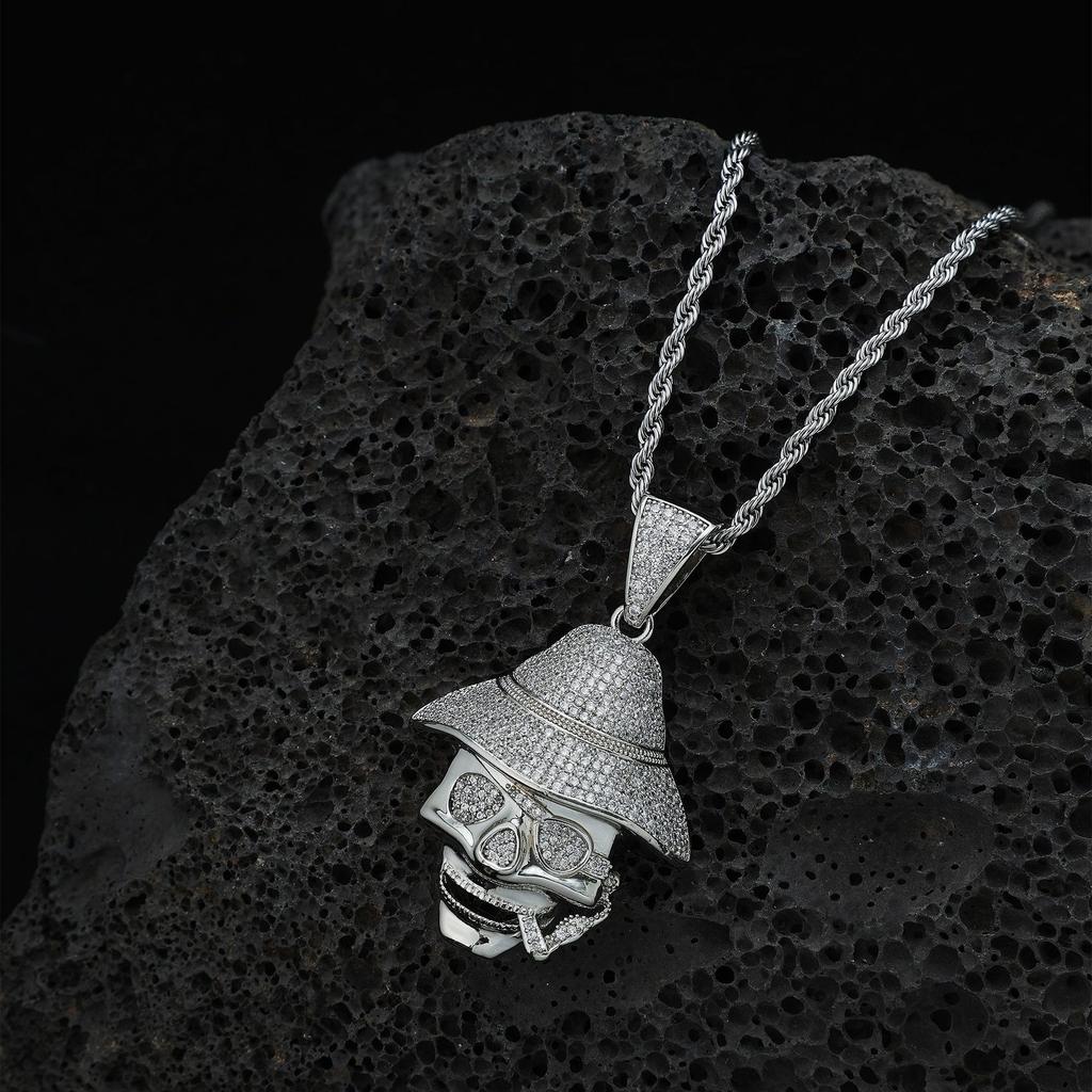 Lebi Pirate Skull Full Diamond Copper Set Zircon Pendant Twist Chain Hip Hop Men'S Necklace