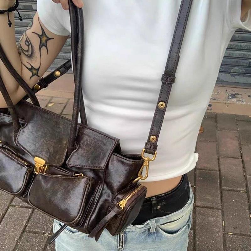 Yogodlns Vintage Unterarmtasche für Mädchen Vielseitige Handtasche Mehrfachtasche Motorradtasche Luxus Designer Handtasche Spaghetti-Träger Ledertasche