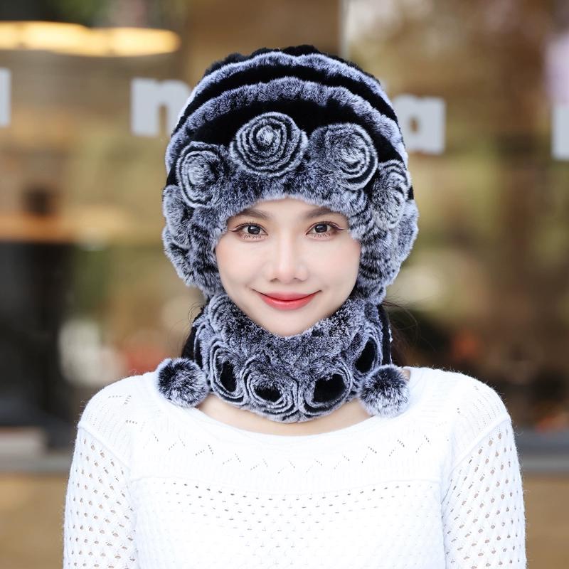 Rex Rabbit Hair Hat Scarf Two-piece Set Women's Winter In The Elderly Mother Grandma Winter Fur Scarf Cover