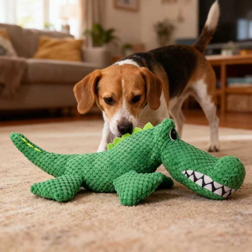 Pet Chew-Resistant Plush Interactive Toy with Sound, Dinosaur Shape, Crocodile, Suitable for Large, Medium, and Small Pets Like Cats and Dogs, Double
