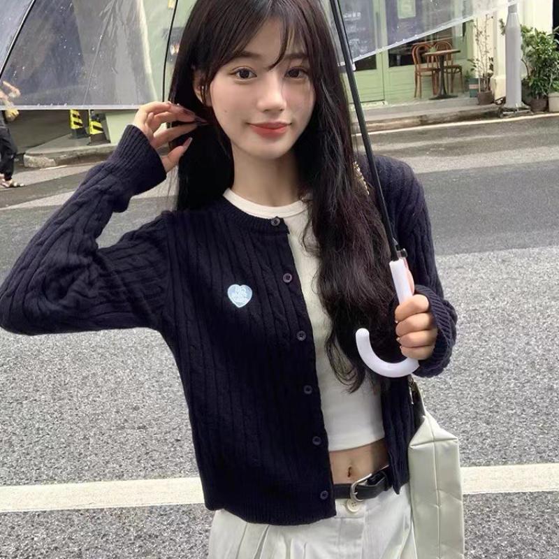 Korean College Style Round Neck Knit Cardigan Women Thin Sweater Spring Autumn Outerwear Short Top