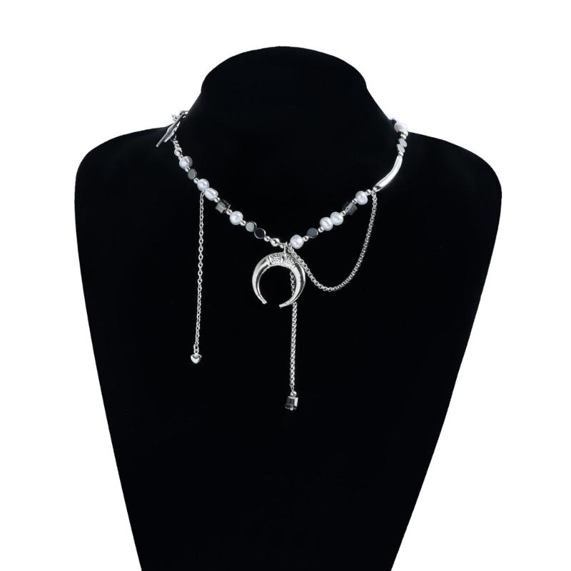Chic Beaded Alloy Necklace Featuring Flat Moon Charm and Pearls Diamond Elements Creating Modern Fashion Look for Women