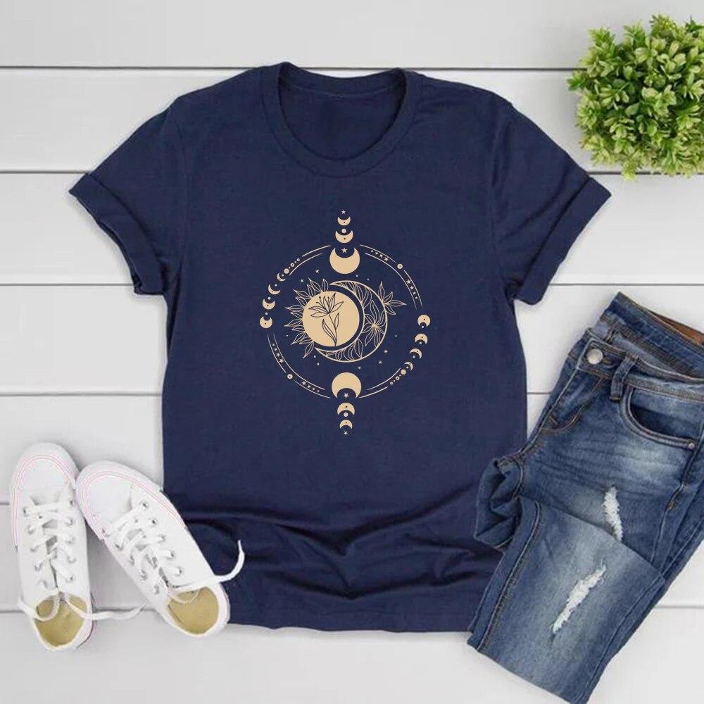 Mystischer Mond und Sonne T-Shirt Mystische Mondphase Shirt Damen T-Shirts Boho Vintage Mond T-Shirt Spirituelles T-Shirt Damen Kleidung