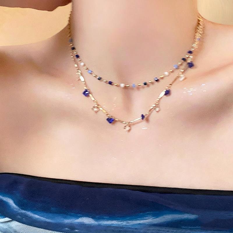 Fashion Colored Zircon Bead Necklace for Women Girls Exquisite Geometric Double-Layer Small Square Pendant Necklace Jewelry Gift