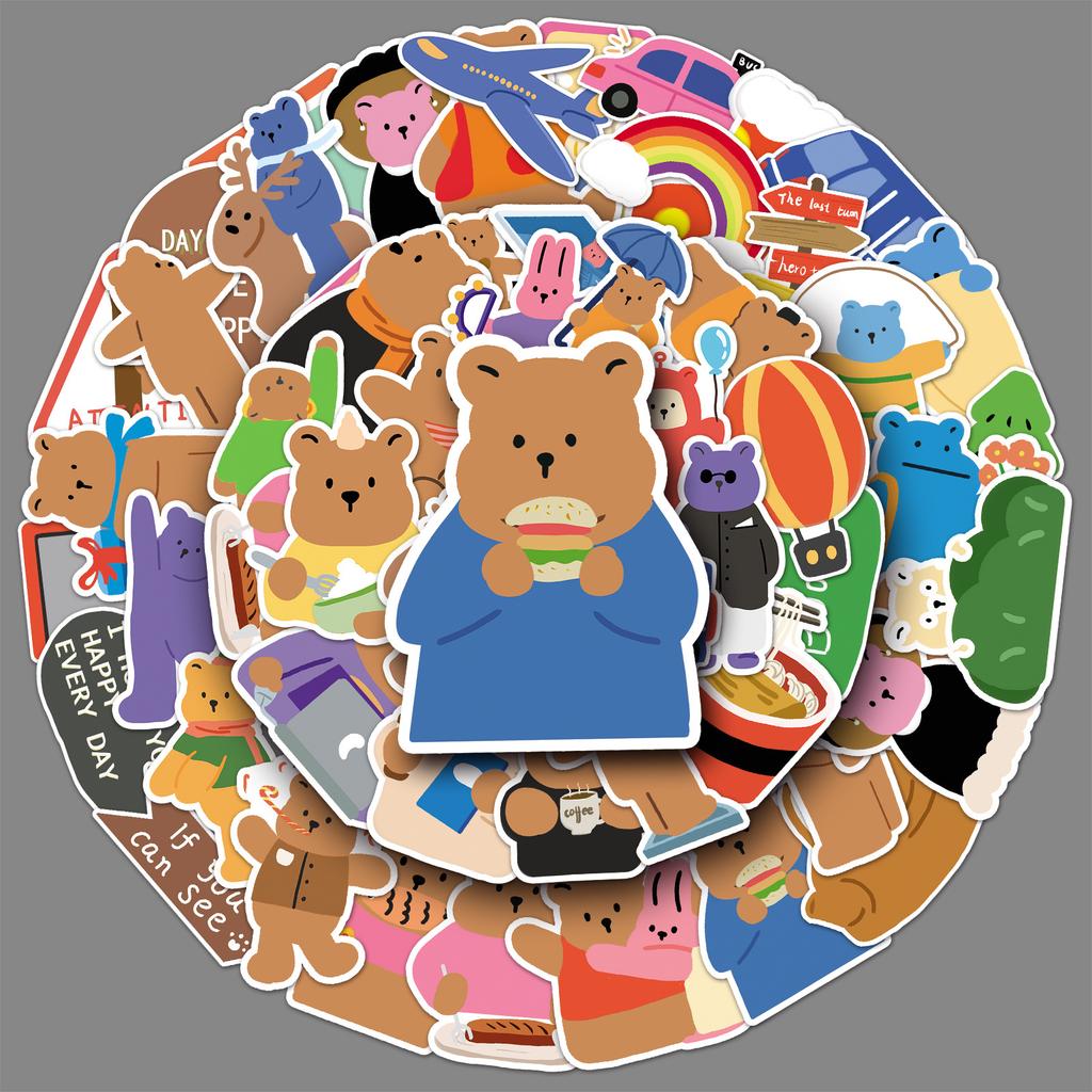 50 Korean Bear Doodle Cartoon Girl Heart Gauze Cute DIY Water Cup Suitcase Sticker Waterproof