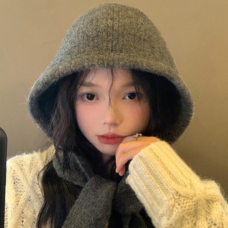 Big Head Waist Balaclava Hat Women's Autumn and Winter New Knitted Hoodie Neck Integrated Warm Ear Protection Knitted Hat
