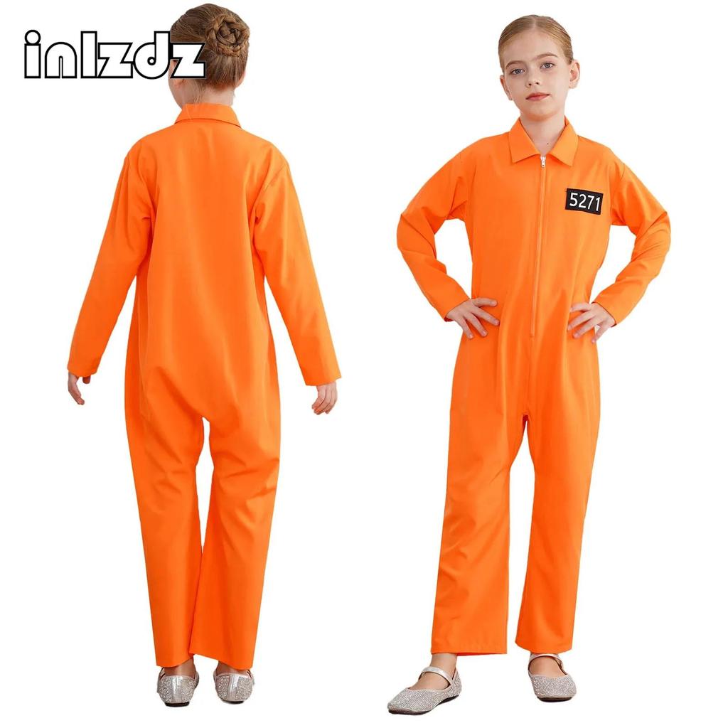Costum Cosplay Prizonier Băieți Fete Halloween Portocaliu Prizonier Salopetă Dintr-o Bucată Costum de Corp Întreg Salopetă Uniformă de Închisoare