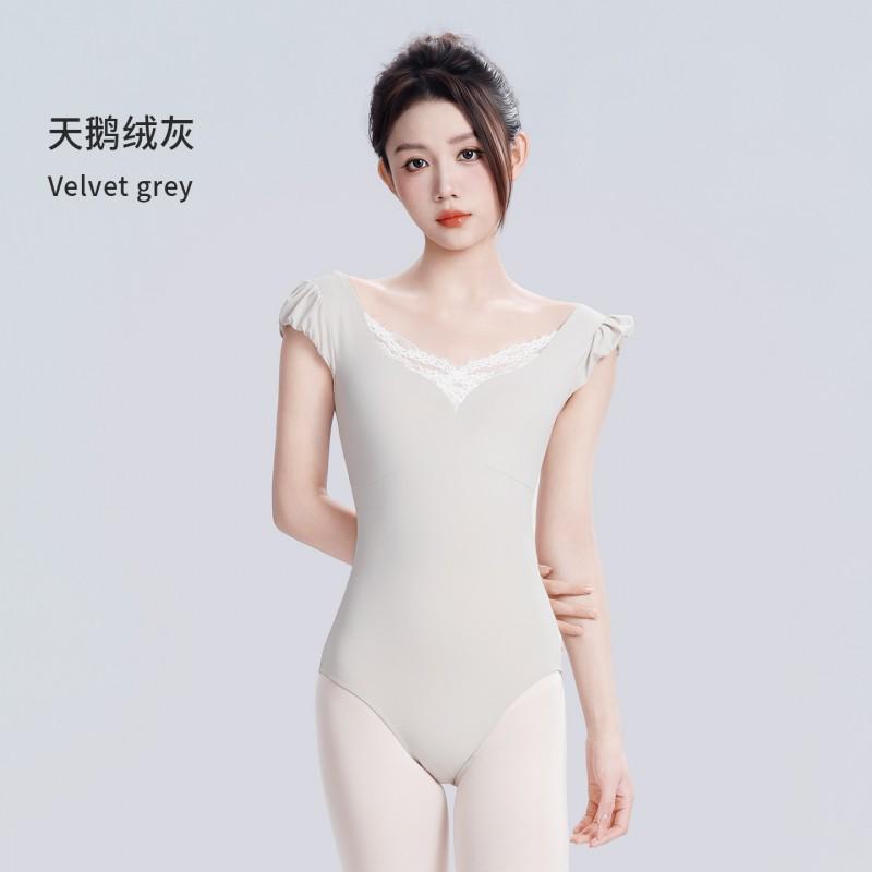 Womens Short Sleeve V-Neck Ballet Leotard With Lace Trim Dance Training Yoga Gymnastics