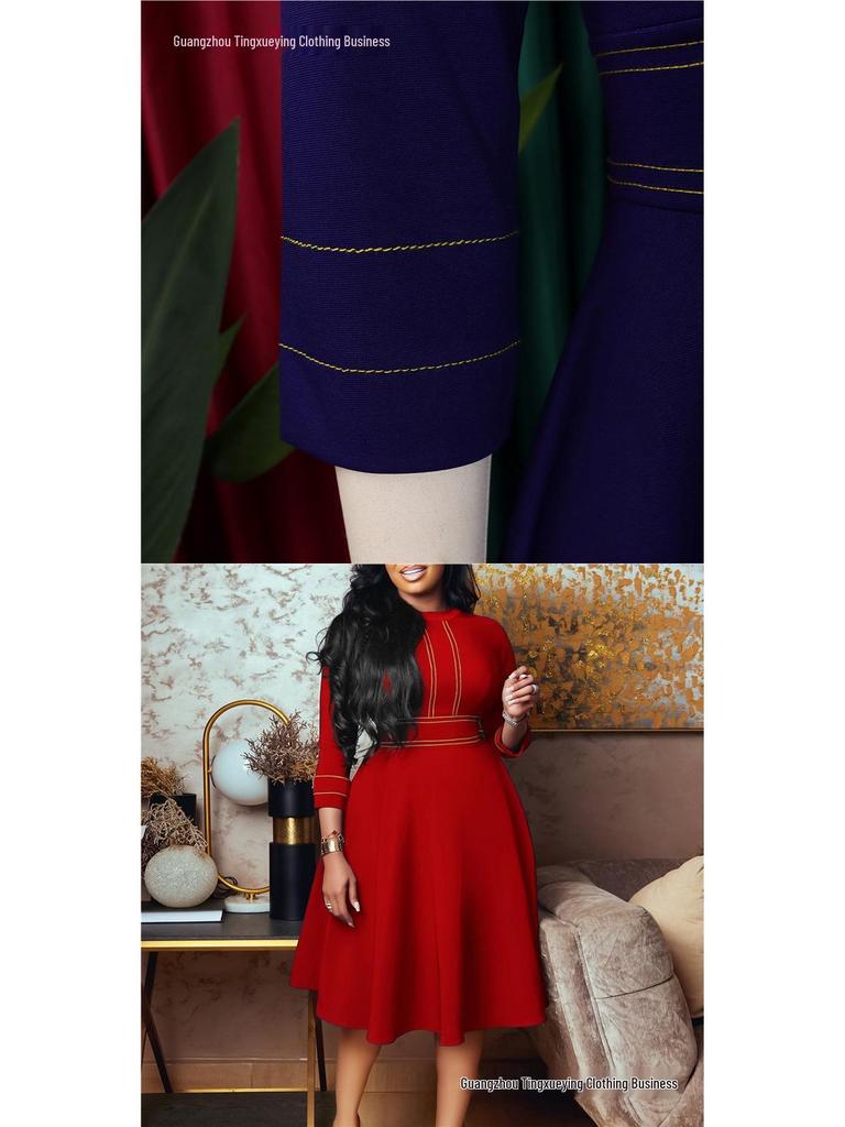 African Plus Size Women's Elegant Stand Collar Big Swing Dress