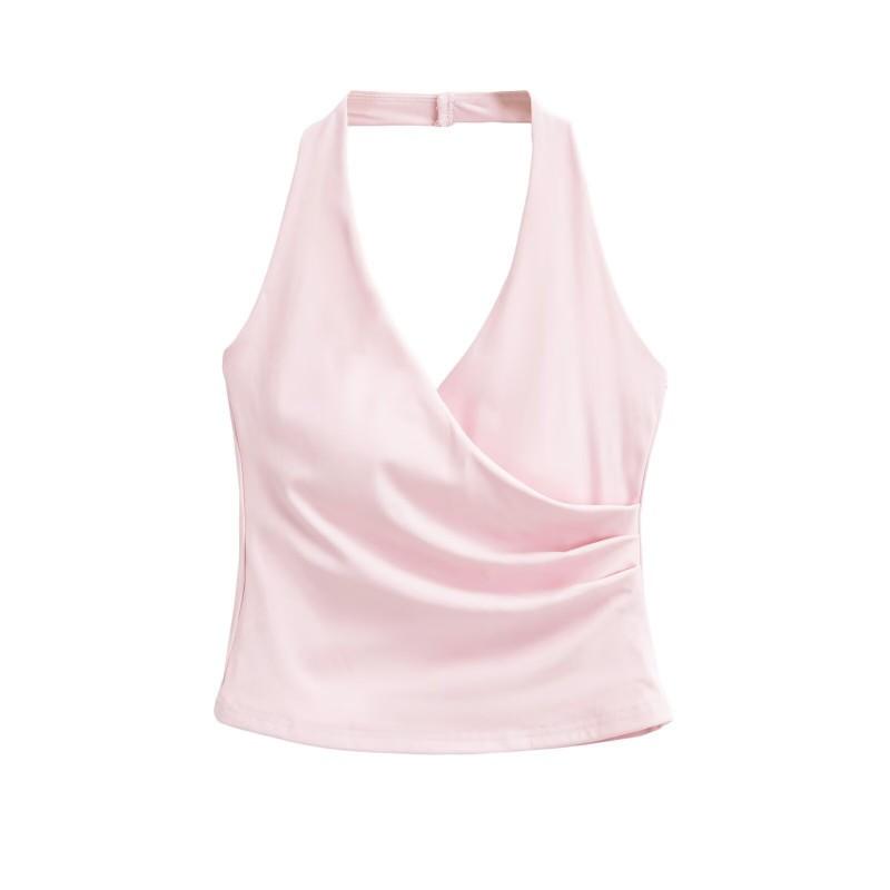 Womens V-Neck Backless Camisole With Built-in Pad Halter Strap Short Fit Stretchy Slim Top 2026
