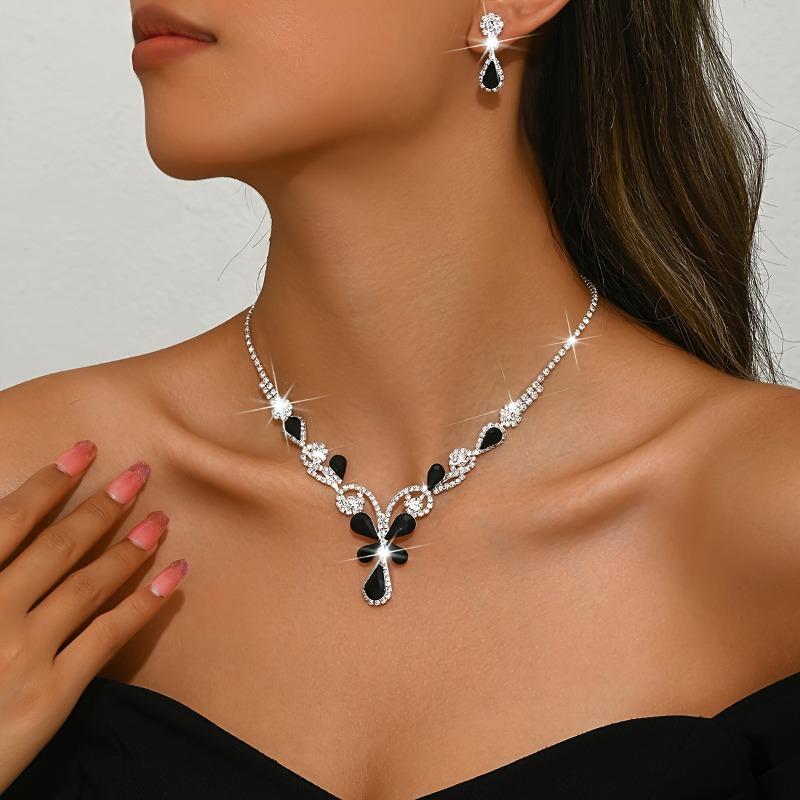 3 Pieces/set of Luxurious Sparkling Water Droplet Shaped Inlaid Zircon Necklace Earrings, Women's Wedding Banquet Jewelry Gifts