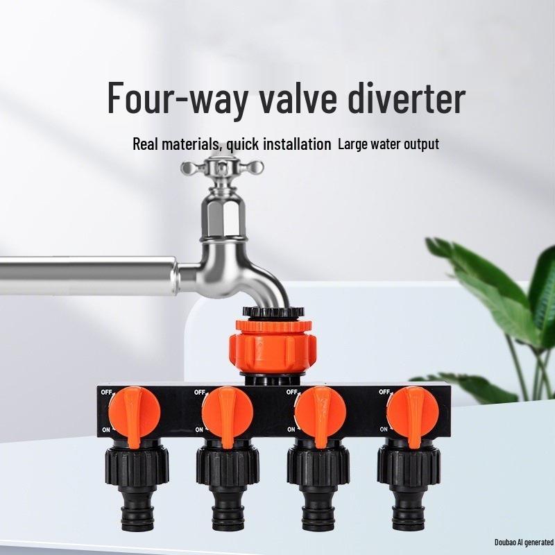 Home Garden 4-Way Water Connector with Switch Valve Faucet Quick Connect.