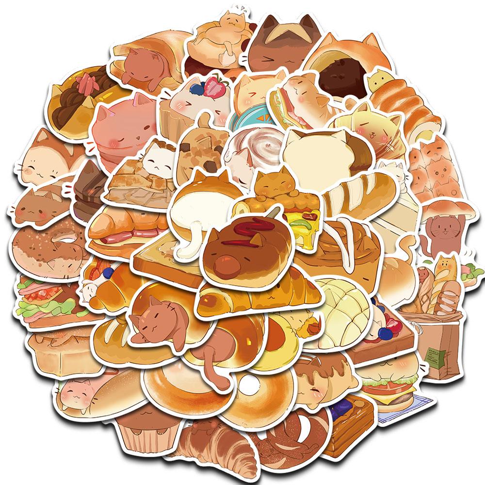 50PCS Cute Cartoon Bread Cat Sticker Laptop Waterproof Aesthetic Notebook Cafe Landscape Waterproof Wall Notebook Stickers