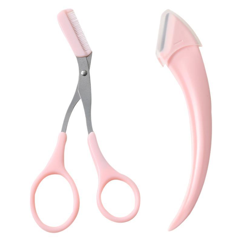 Pink Eyebrow Trimmer Set: Anti-Scratch Razor & Scissors for Beginners