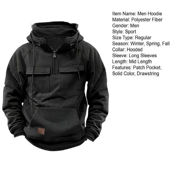 Men's Large Patch Pocket Drawstring Long Sleeve Half-Zip Hoodie clothes sale