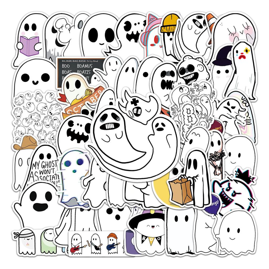 50 Cartoon Ghost Stickers for Halloween - DIY Decorations for Water Bottles, Skateboards, and Luggage