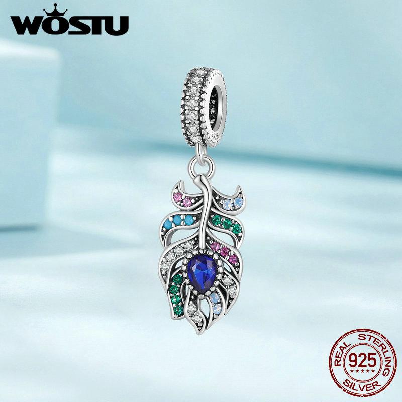 WOSTU 925 Sterling Silver Lovely Pink Clover Charms Peacock Feather Pendant Balloon Bear Bead Fit Original Bracelet DIY Neckalce