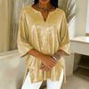 Women's Large Size T-shirt Spring and Summer Seven Quarter Sleeve Shiny Loose Casual Female T-shirt Fashion V-neck Solid Color Office Ladies Tee Tops