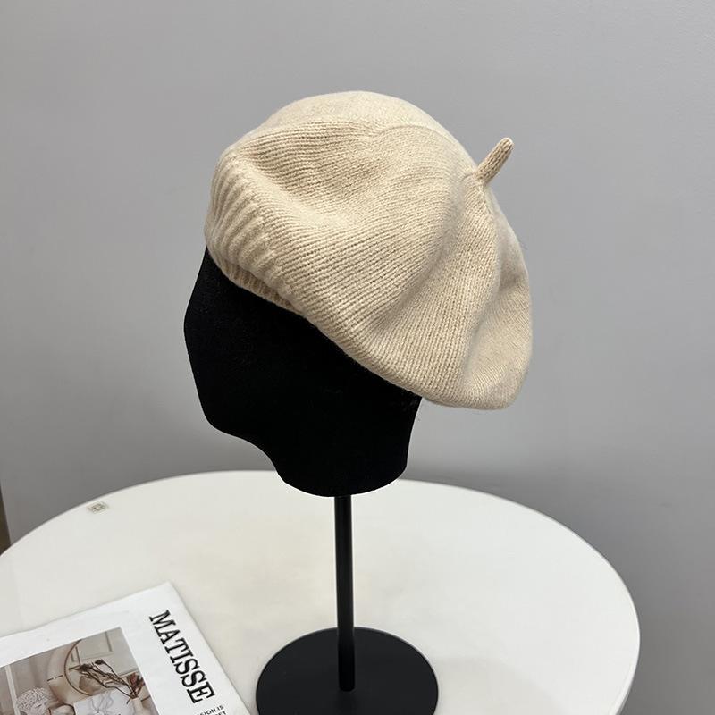 Słodki modny wełniany beret dziergany damski jesienno-zimowy prosty wszechstronny kapelusz malarza
