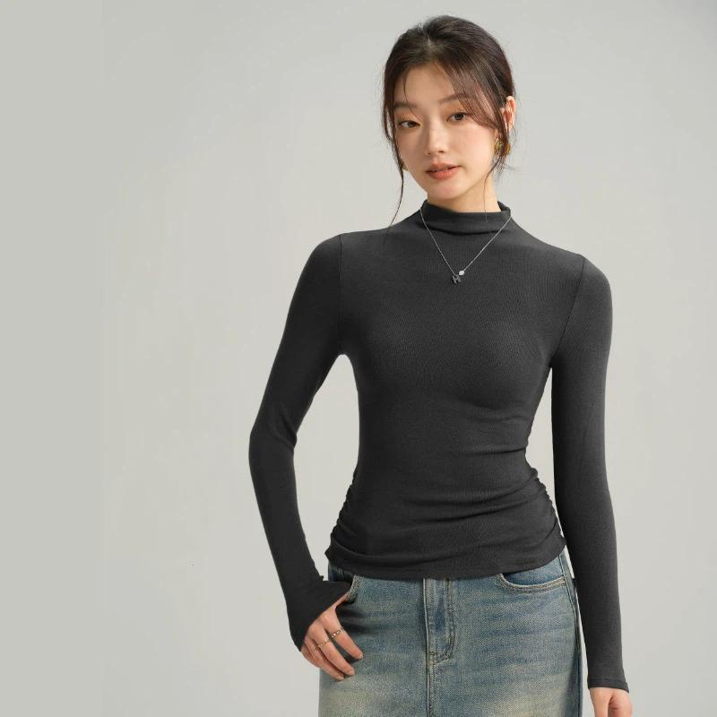 Women's Autumn And Winter Inner Wear Long Sleeved Base T Shirt Top Semi High Neck Solid Color Base Shirt