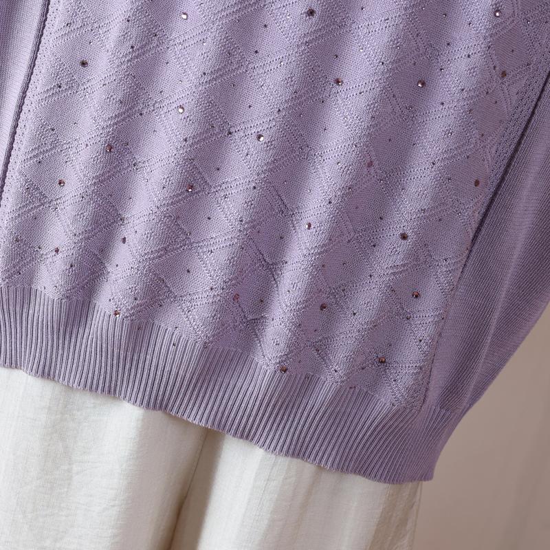 Women Plus Size Round Neck Short Sleeve Knit Sweater Rhinestone Diamond Jacquard Knit Top