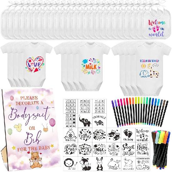 82Pcs Baby Bib Bodysuit Baby Shower Set Baby Shower Game Sign Baby Feeder Bib Newborn Bodysuit Fabric Marker