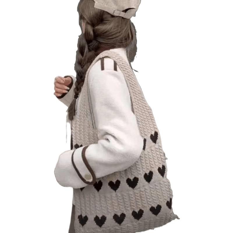 Dopamine Heart Wool Knit Tote: Large-Capacity Single Shoulder Bag