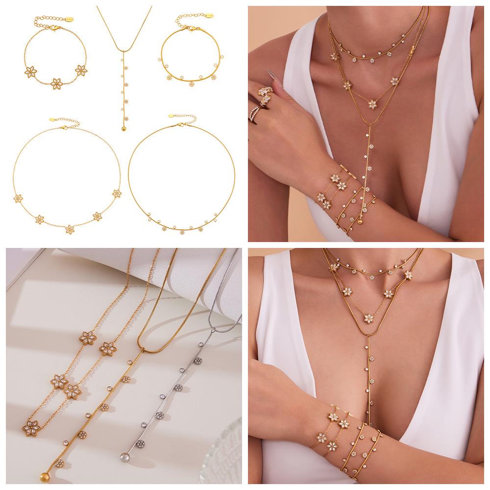 Qiong Yao Sparkle 5A Zirconium Plum Blossom Rhinestone Tassel Necklace & Bracelet Set