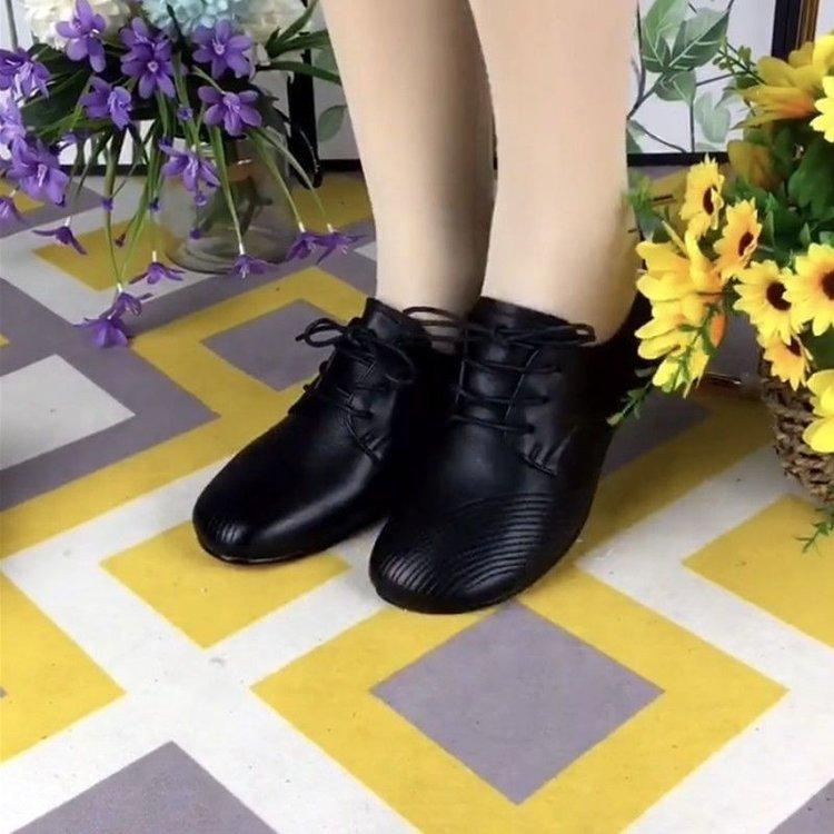 Qiuxin Chinese-style Women's Soft Leather Shoes Round Head Lace-up Low-heeled Middle-aged Mother Shoes Casual Non-slip Soft-soled Thick-heeled Leathe