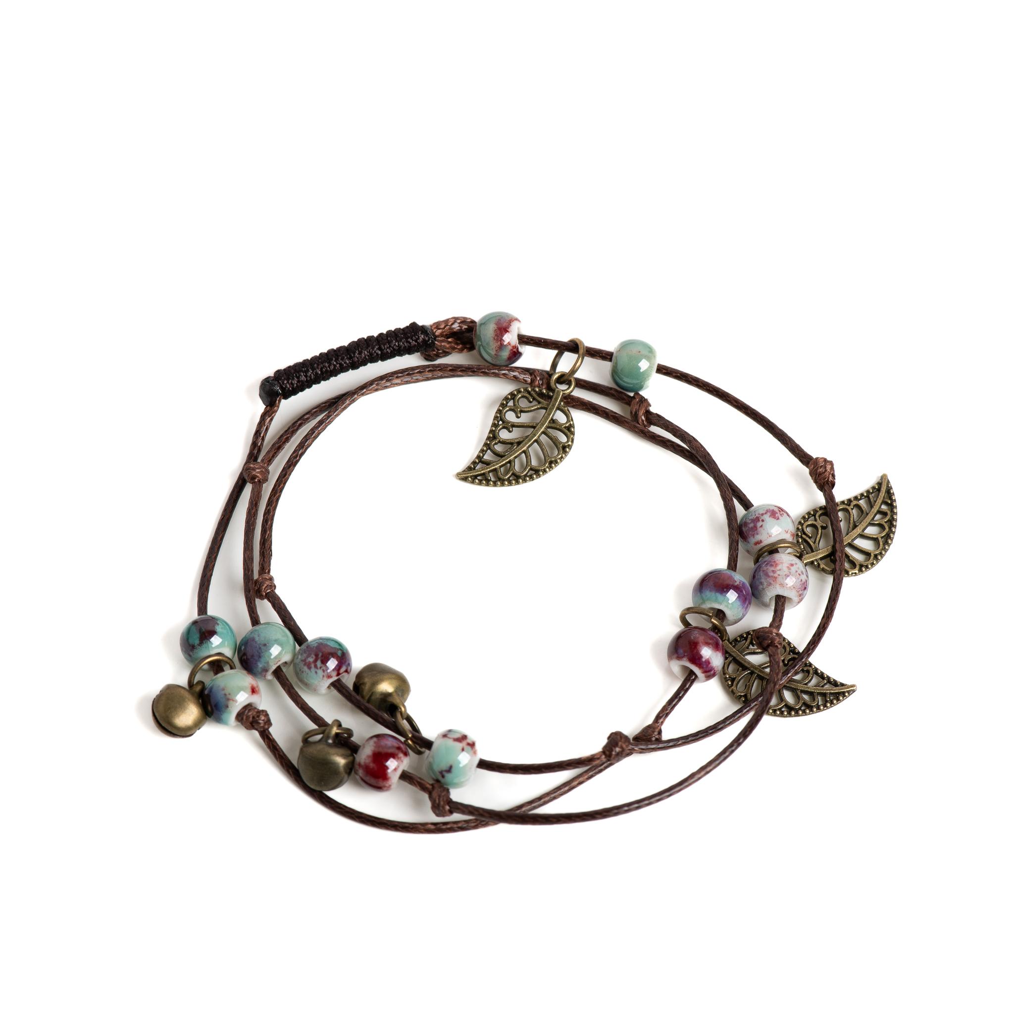 Vintage Multi-Layer Ceramic Beaded Bracelet Handmade Wrap Jewelry in Drunken Rose and Sapphire Blue For Women Gift