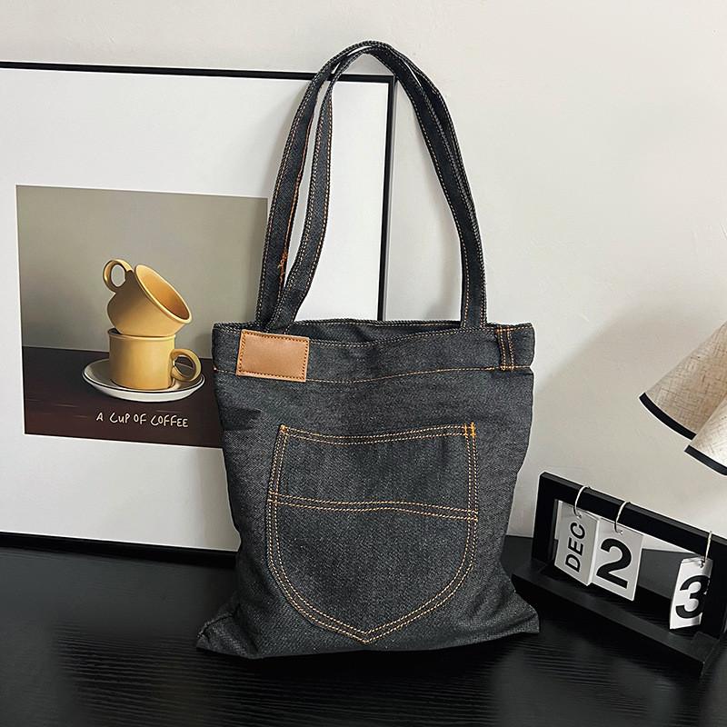 Denim Shoulder Bag Large Capacity Shopping Tote With Zipper For Daily Use