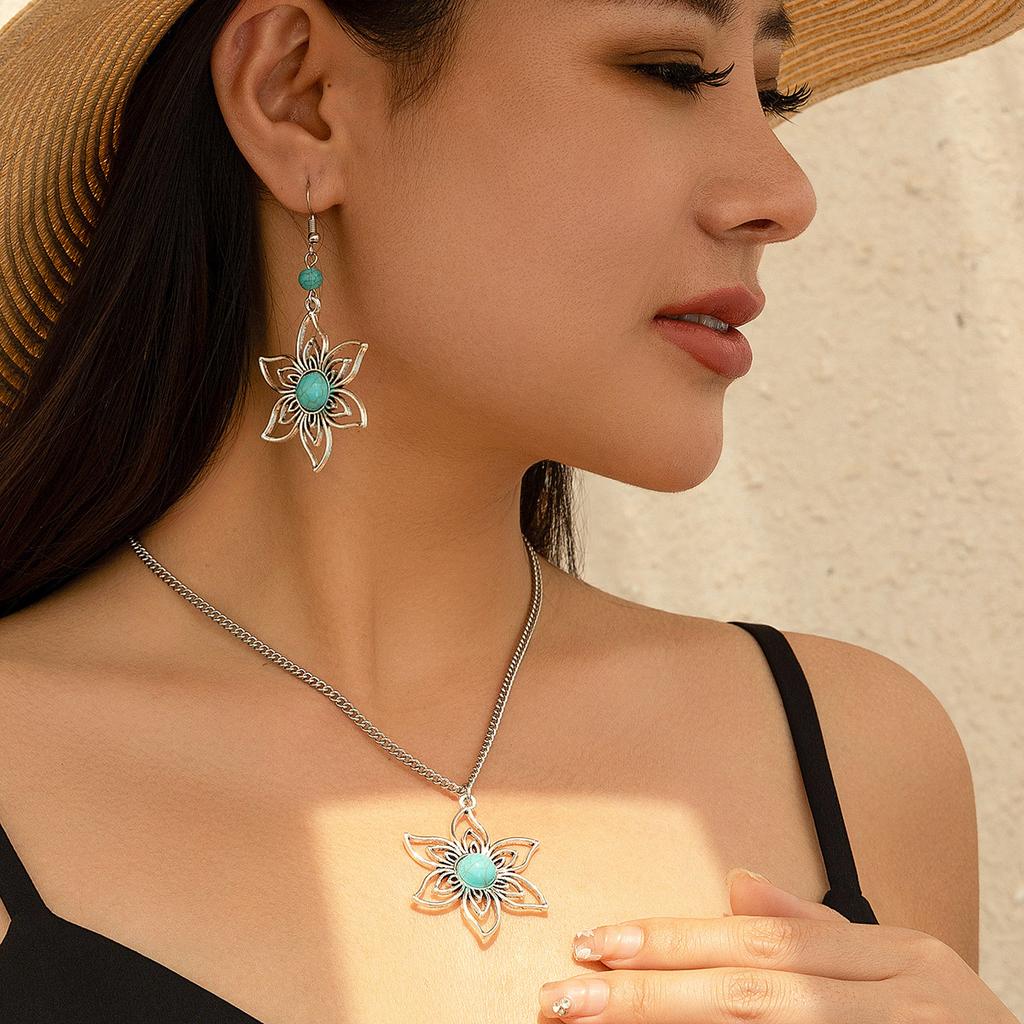 Retro Ethnic Turquoise Coconut Tree Necklace, Simple Threaded Love Necklace Jewelry Set