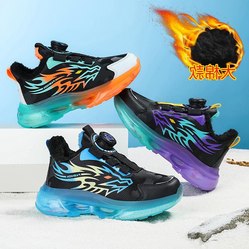 2025 Winter Boys' Waterproof Leather Sports Shoes with Rotating Buckle - Warm, Anti-Slip, Trendy for Middle and Big Kids