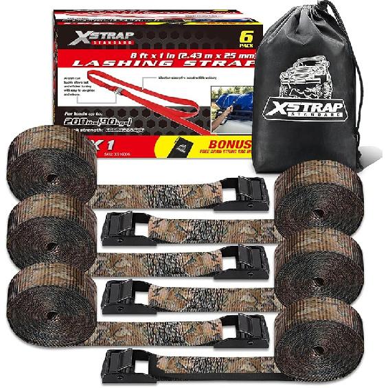 XSTRAP STANDARD Padded Cam Lock Buckle 6PK 8FT Powersports Tie-Downs Black Lashing Straps, Come With A Drawstring Bag, For Securing Cargo, Luggage,