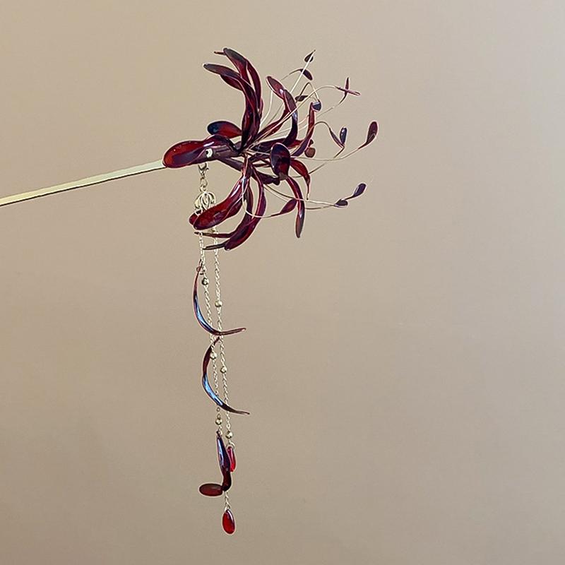 Chinese Style Spider Lily Flower Hair Sticks For Women Dripping Oil Tassel Hairpin Vintage Hanfu Chopsticks Hair Accessories
