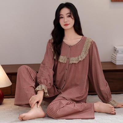 Plus Size Modal Cotton Lace Pajama Set for Middle-aged and Elderly Women - Long-Sleeved Top and Pants