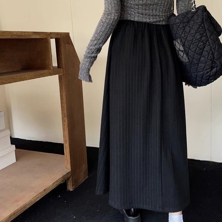 Women's Fleece-Lined A-Line Midi Skirt Elastic Waist For Autumn Winter Grey Skirt