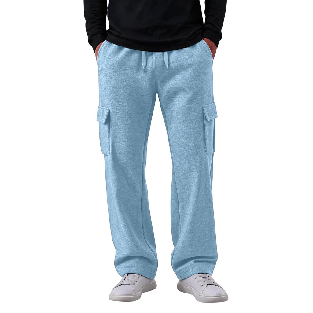 Men's Casual Cargo Pants with 4 Pockets, Elastic Waist with Drawstring, Loose Fit Straight Leg Pants for Everyday Wear