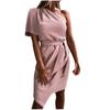 Women Casual Solid Color One-Shoulder Sleeveless Tie Dress Short Skirt