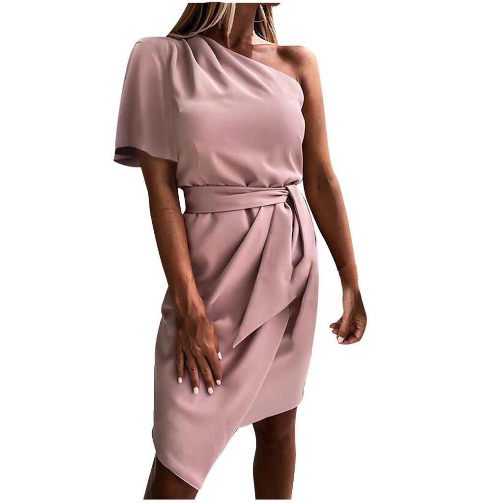 Women Casual Solid Color One-Shoulder Sleeveless Tie Dress Short Skirt