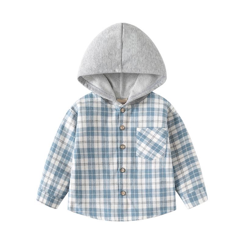 Korean-Style Boys' Hooded Plaid Shirt, Long-Sleeved Children's Clothing, 2026 New Arrival