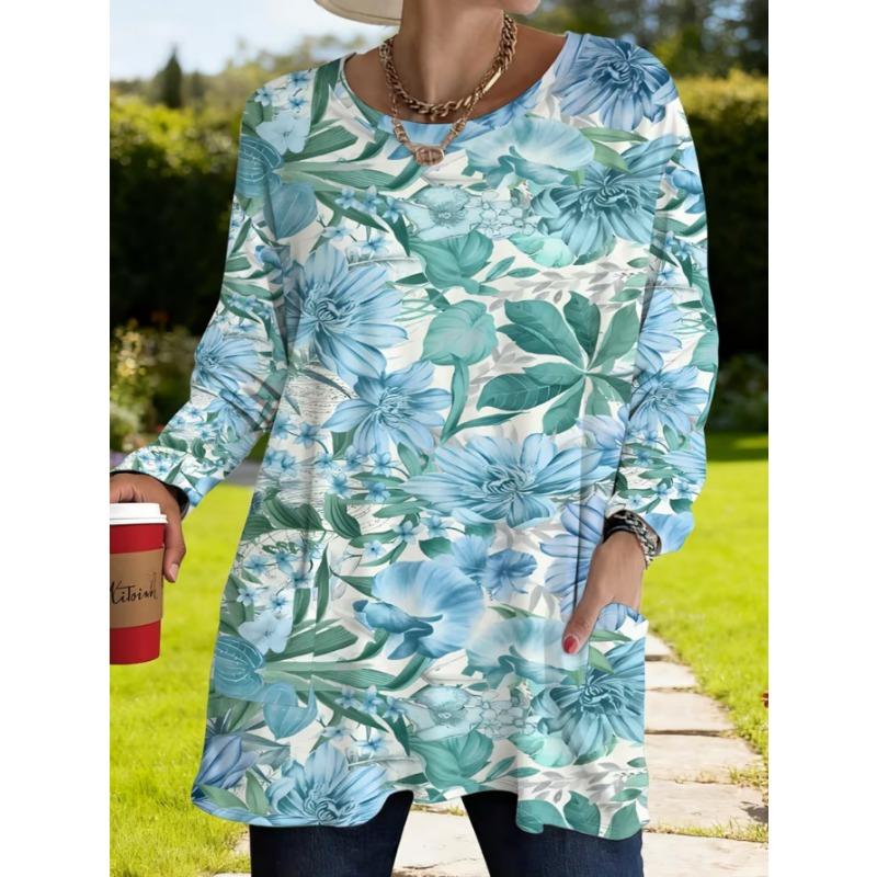 Women's long-sleeved round-neck T-shirt, suitable for spring, autumn and winter seasons. It has pockets and print designs. machine washable.