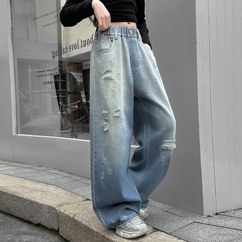 Girls Ripped Distressed Jeans Baggy Wide Leg Pants with Stretchy Waist Gradient Denim Pants for Kids Children Age 5-14Y