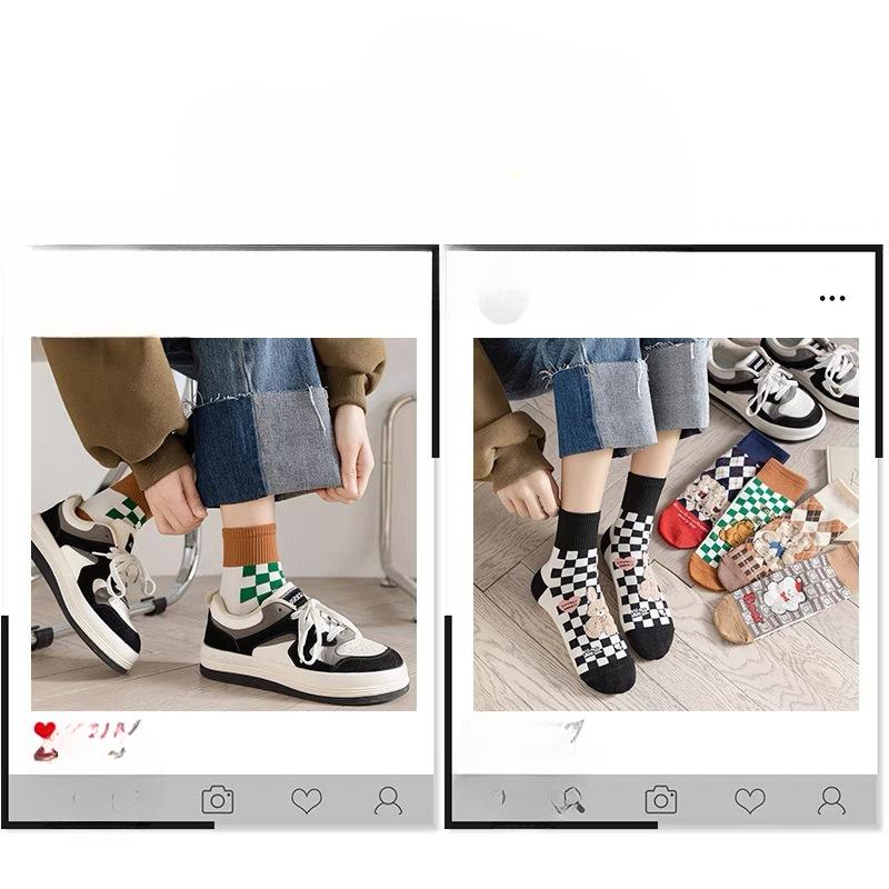 Cute Little Bear Socks, Cartoon Checkerboard Pattern, School Style, Versatile Cotton Socks, Trendy Short Socks