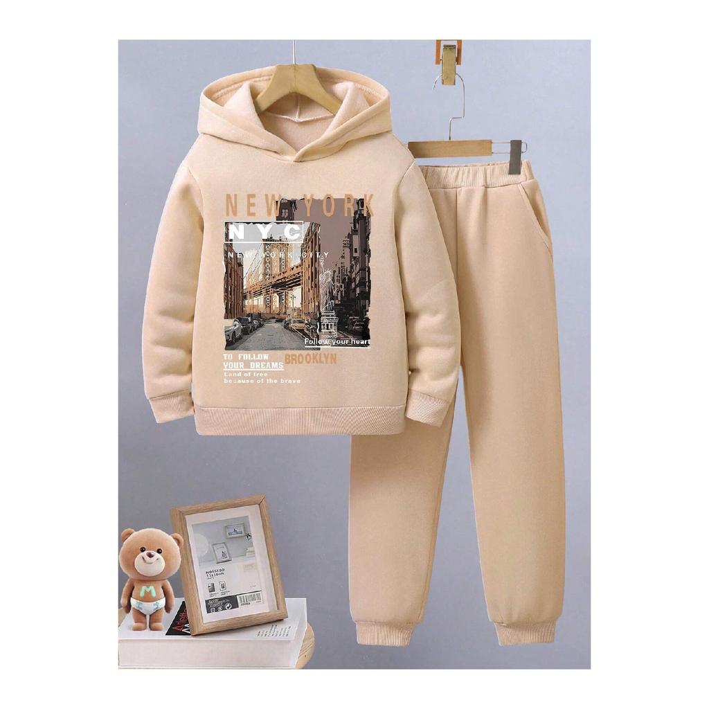 Set de trening pentru bărbați, albastru bleumarin, supradimensionat, imprimat NYC