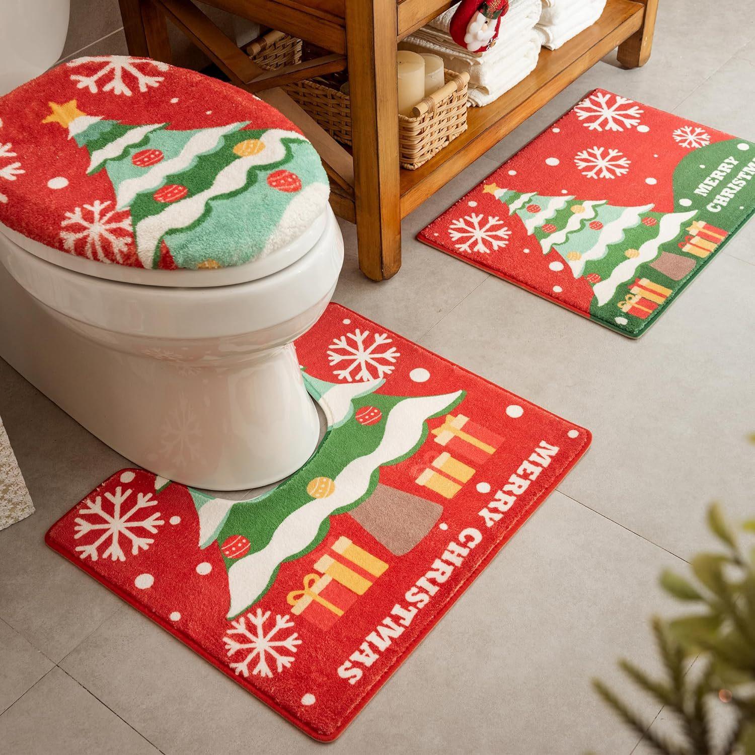 

Toilet Seat Cover Rug Bathroom Mat Creative Xmas Decoration Set Christmas Toilet Seat Cover Rug Toilet Tank Cover Xmas Home Decor crystal velvet 3piece