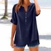 Women's Summer Casual V-neck Button Shirt Solid Color Short Sleeve Hem Split Cotton Blouse